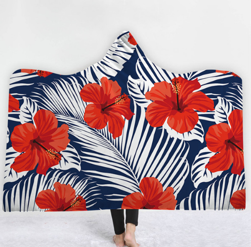 Hooded Thermal Fleece Blanket Coral Fleece Print Winter Warm Home Travel Portable Wearable Thick Hoodie Blanket For Adults Kids