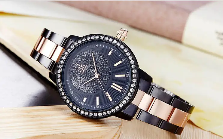 Women's fashion diamond-studded steel business watch
