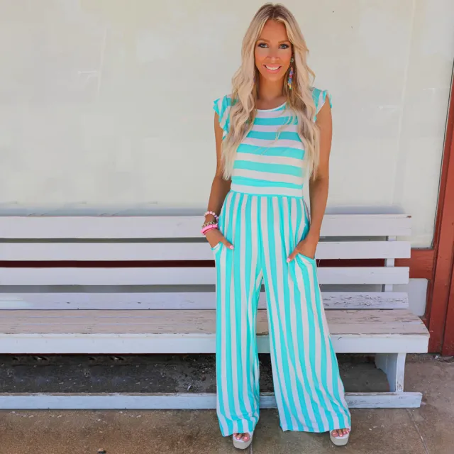 New Striped Crew Neck Sleeveless Casual Jumpsuit Blue - Shop at LoveMi