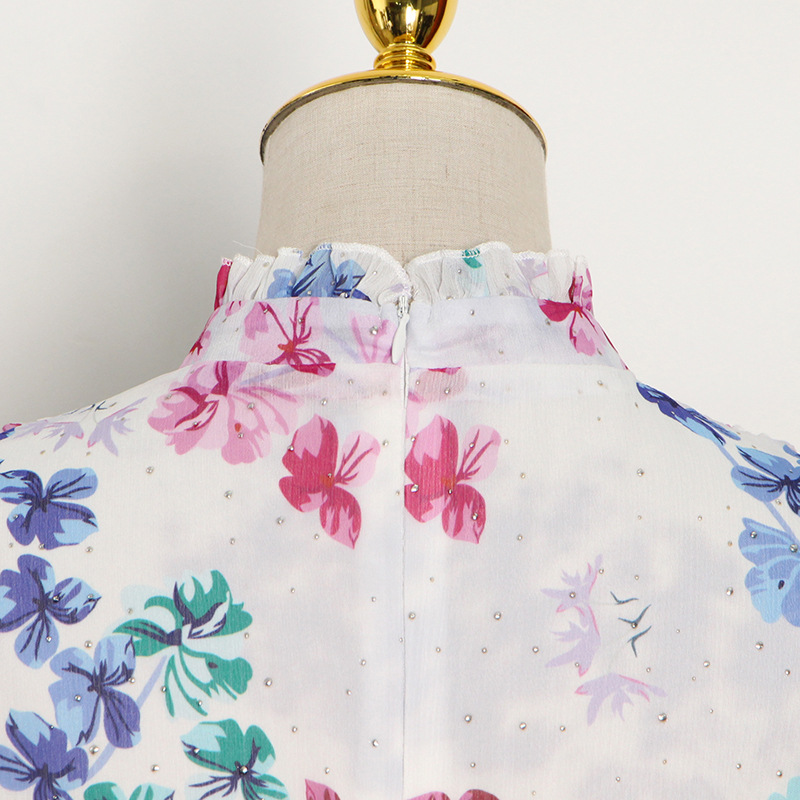 Floral Stand-Collar Pleated Shirt Dress — product details and sizing image 10