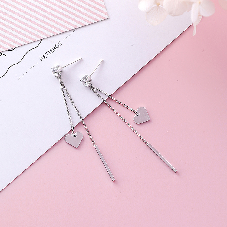 925 silver needle stick peach heart tassel long earrings