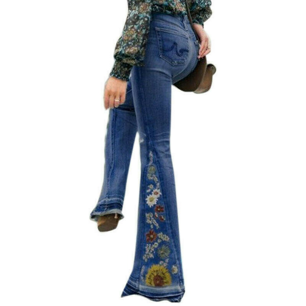 Denim flared trousers with embroidered embroidery Blue - Shop at LoveMi