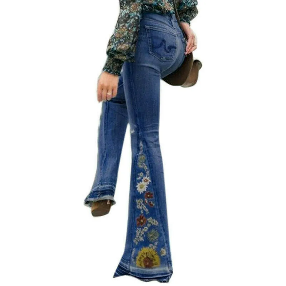 Denim flared trousers with embroidered embroidery - Blue