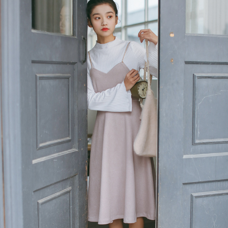 Leather velvet suspender skirt women's big swing skirt