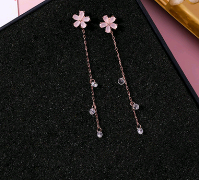 925 Silver Needle Crystal Cherry Petals Long Tassel Earrings Frosted Diamond Zircon Flower Earrings Female