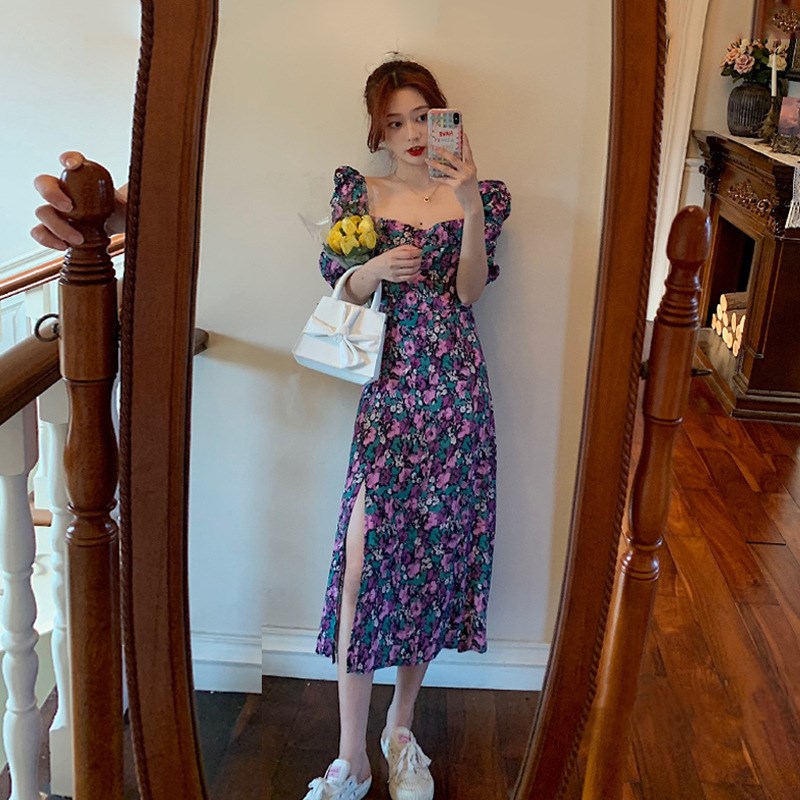 Retro waist puff sleeve floral dress