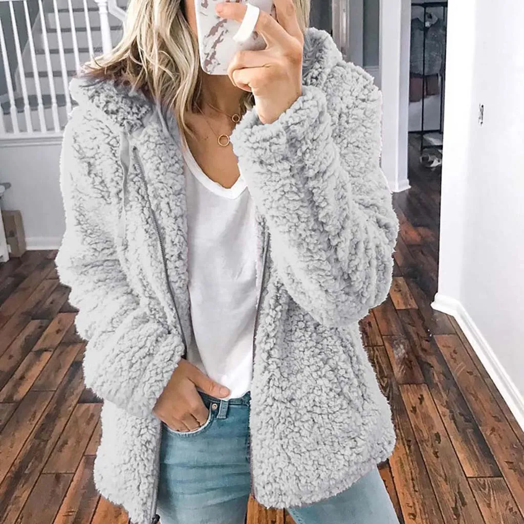 Thick plush zipper hooded pocket sweater - Grey