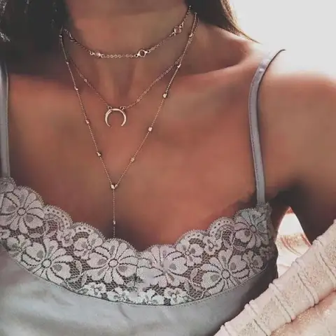 Fashion Multilayer Crescent Moon Choker Necklace with Bead Chain