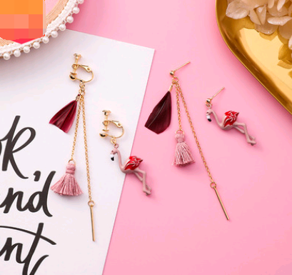 Asymmetrical flamingo red feather long tassel earrings wild ear clip without pierced ears