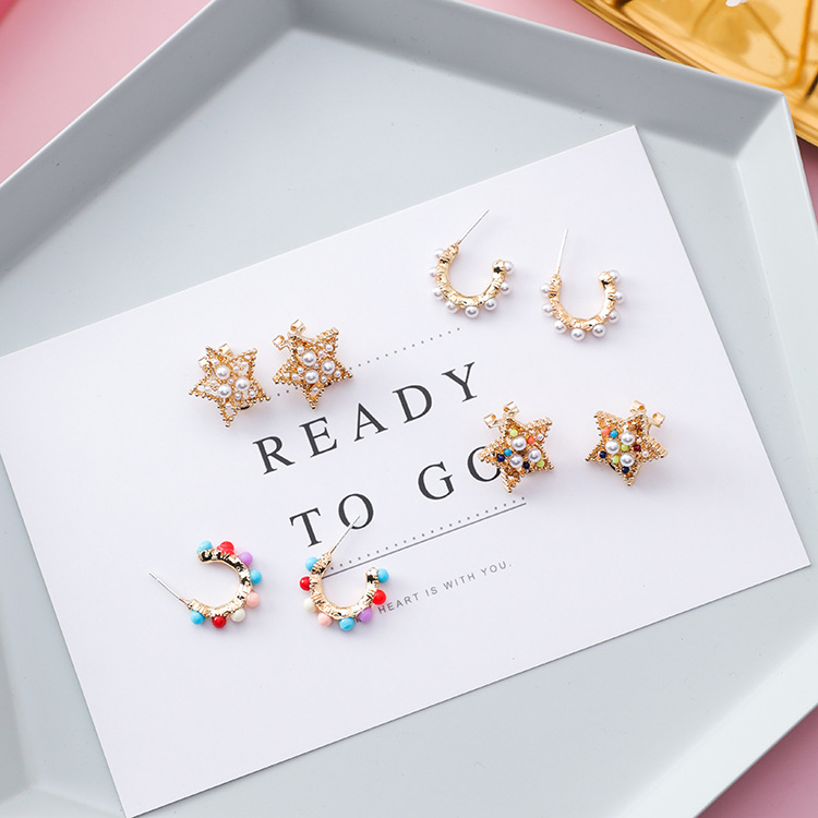 925 silver needle bohemian national wind small color beads curved earrings sweet pentagonal star ear clip