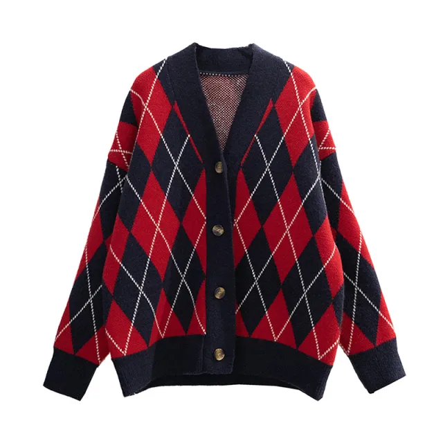 Retro Lazy Loose Rhombus Mid Length Jacket Red - Shop at LoveMi