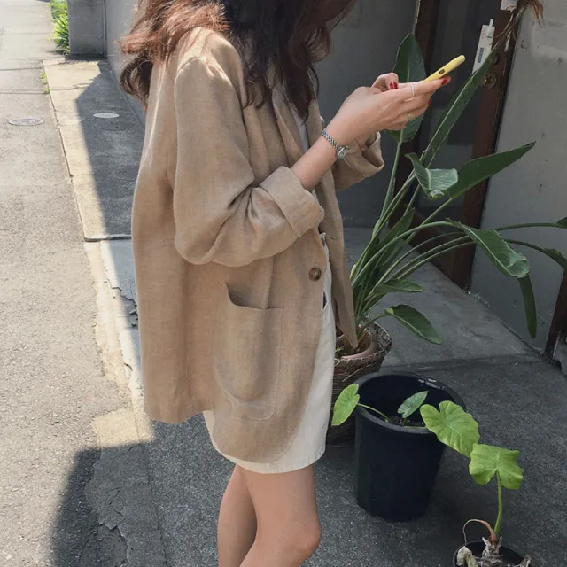 Fashion casual loose cotton hemp suit coat Coffee - Shop at LoveMi
