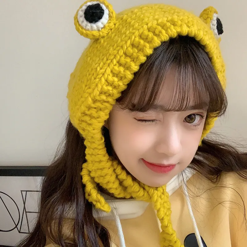 Big eyes frog woolen hat - Yellow