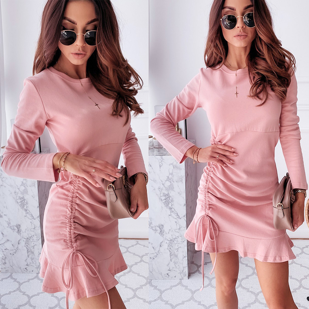 Round neck simple ruffled drawstring slim long sleeve dress