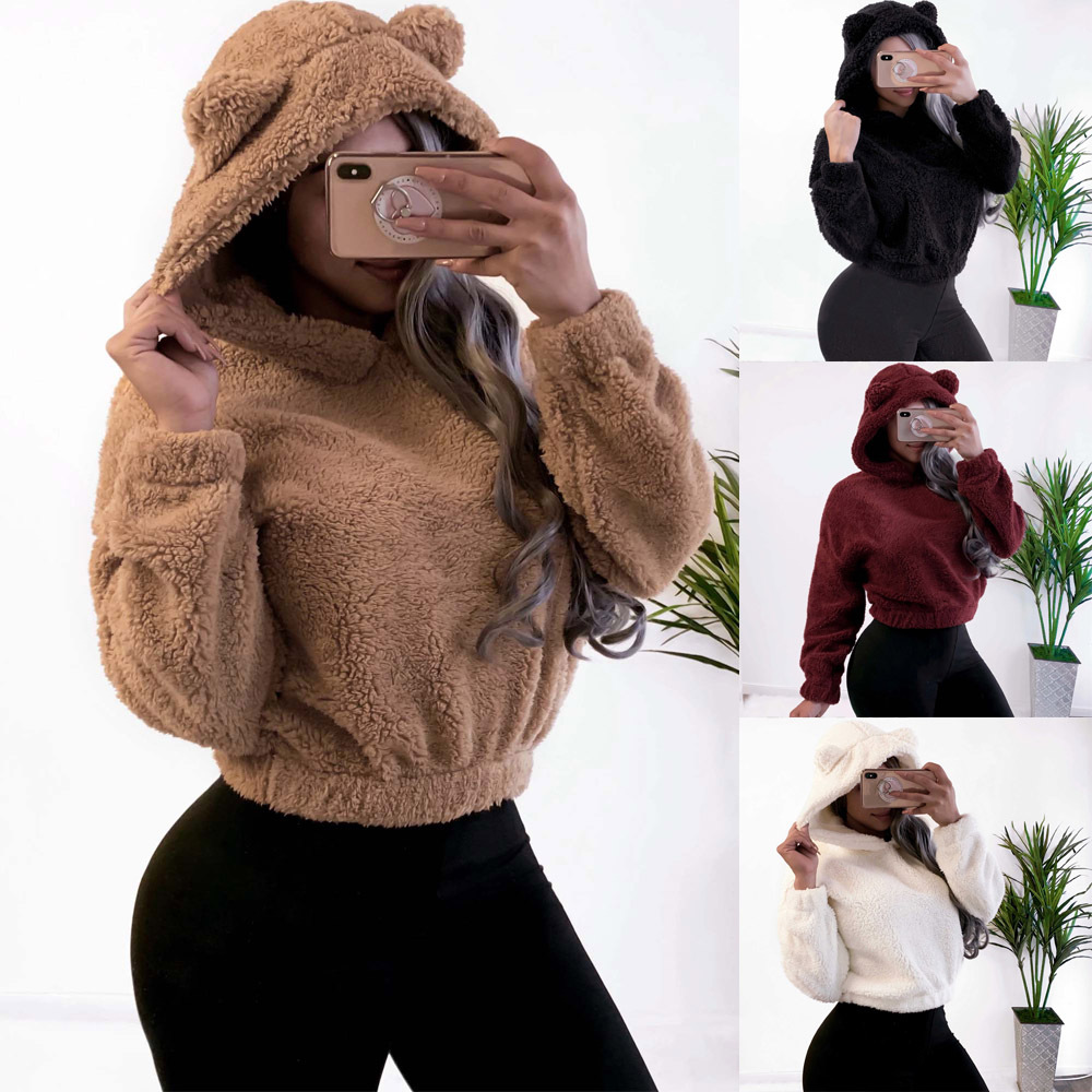 Long sleeve solid color plush hooded top