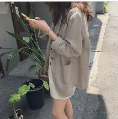 Fashion casual loose cotton hemp suit coat - Grey - View 1