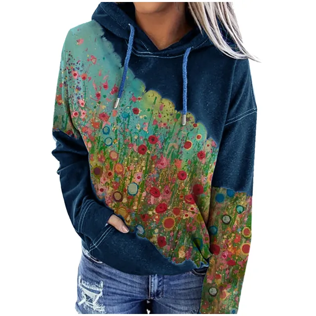 Printed hooded long sleeve sweater Blue - Shop at LoveMi