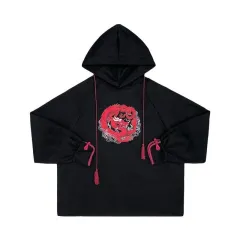 Heavy industry embroidery loose street long hooded sweater - Black - View 1