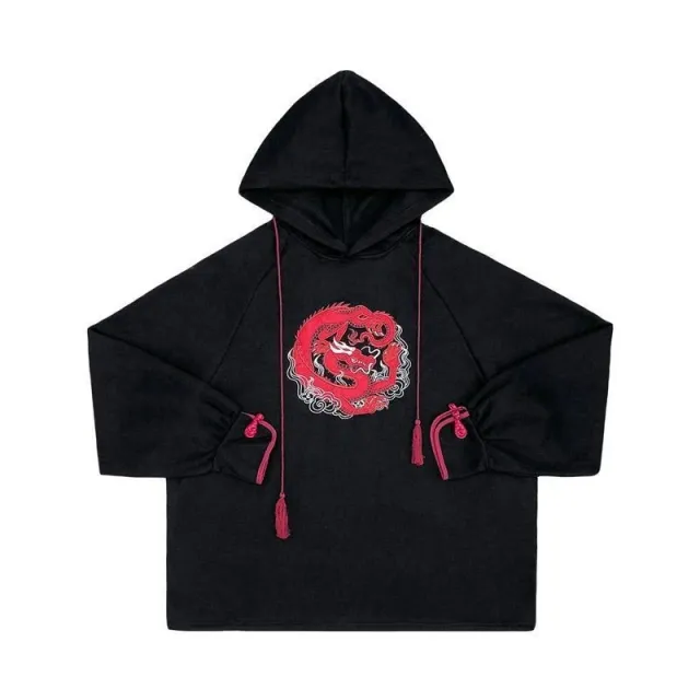 Heavy industry embroidery loose street long hooded sweater Black - Shop at LoveMi