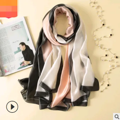 Spring, summer and autumn, new flowers, elegant and high-end artificial silk scarf, female decorative shawl, sunscreen beach towel - V Word Powder-...