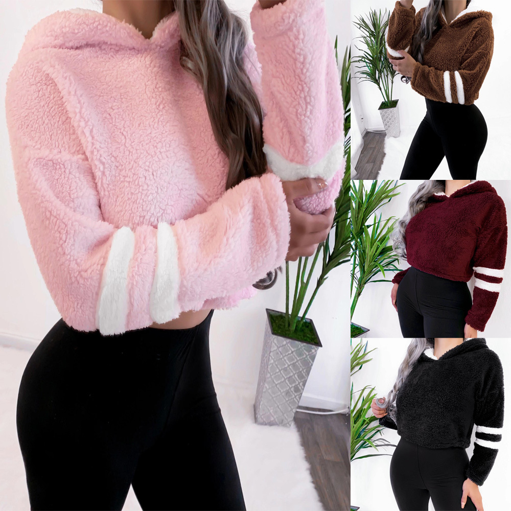 Plush solid color long-sleeved hooded top