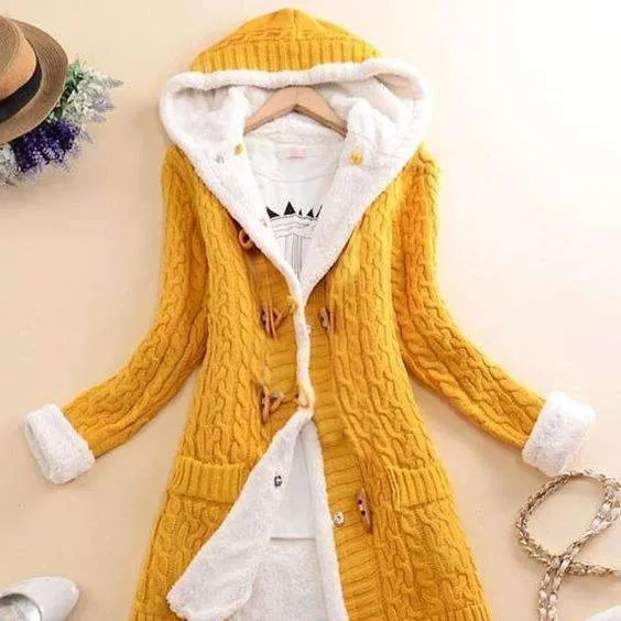 Jacket with hood and fleece winter sweater long sleeves Yellow - Shop at LoveMi