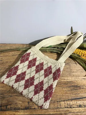 Box check cartoon wool bag - Apricot
