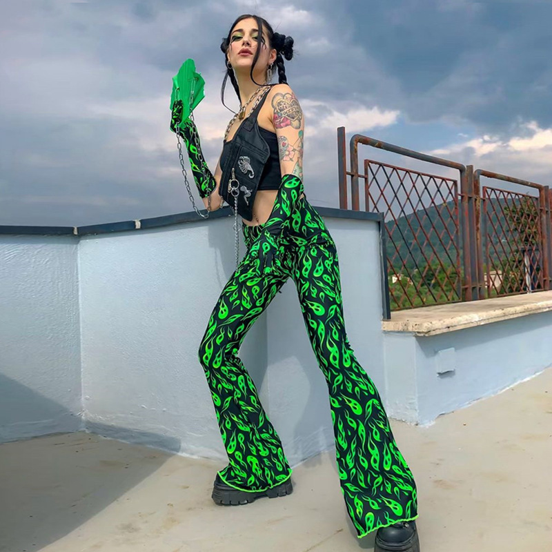 European and American print green flared trousers