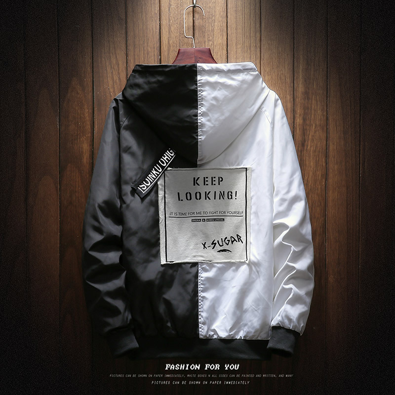 Two-tone patchwork hooded jacket