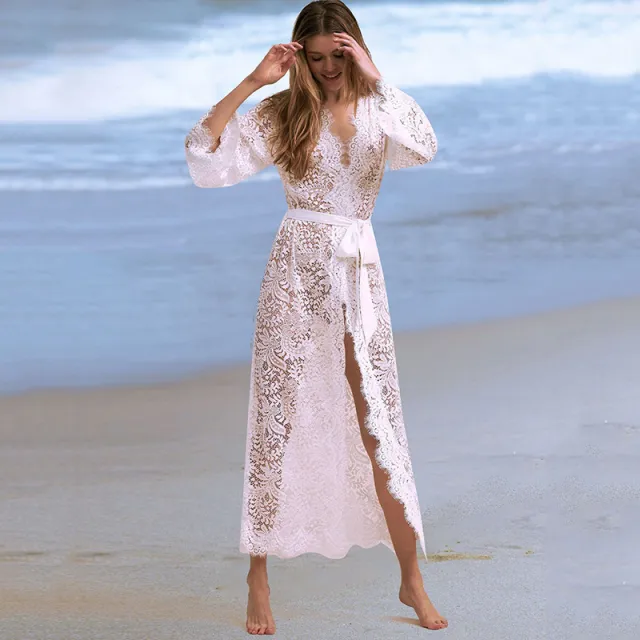 Lace bikini blouse, hollow sexy beach jacket, sunscreen suit, swimsuit and cardigan White - Shop at LoveMi