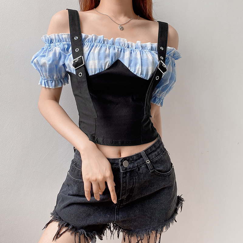 Plaid stitching one-word shoulder straps shoulder straps waist slimming top women short ins casual
