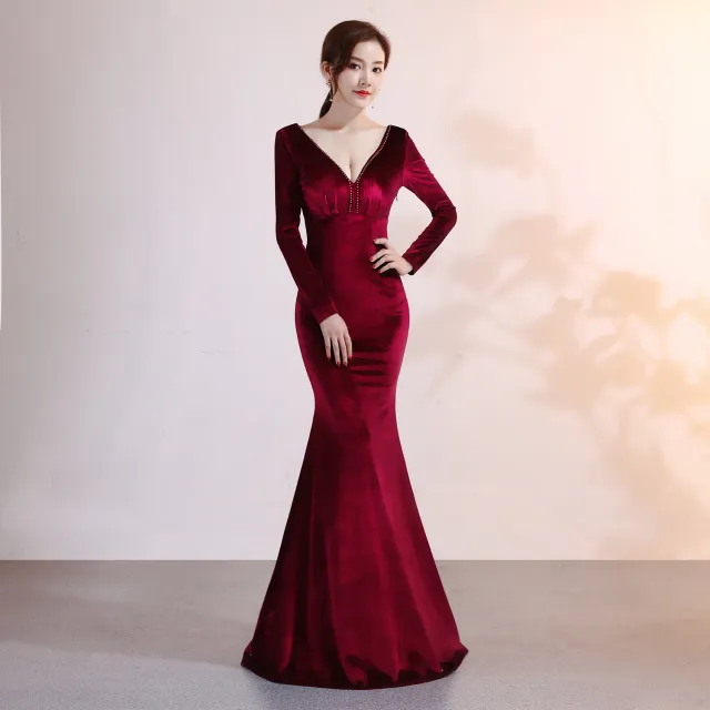 Velvet Evening Dress Mermaid Dress Wine - Shop at LoveMi