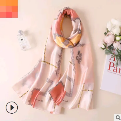 Spring, summer and autumn, new flowers, elegant and high-end artificial silk scarf, female decorative shawl, sunscreen beach towel - Block Powder-1...