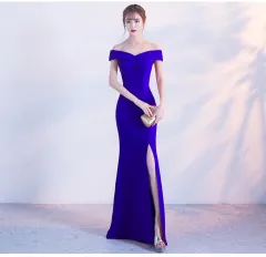 Banquet evening dress word-shoulder fishtail dress - Royal Blue - View 1