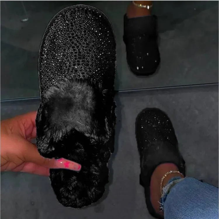 One-step home plush cotton slippers - Black