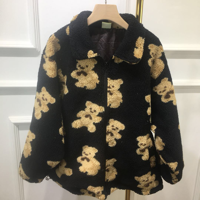Bear embroidered lamb cardigan coat