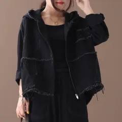 Korean style loose large size literary hooded raw edge washed distressed denim short jacket - Black - View 1
