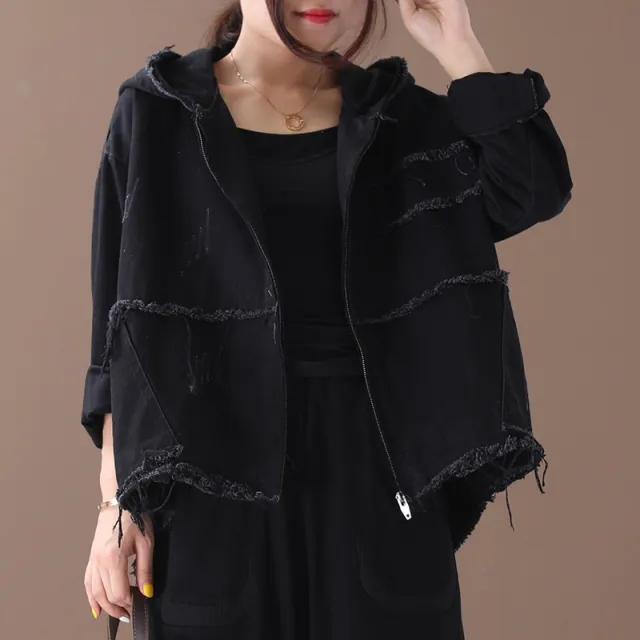 Korean style loose large size literary hooded raw edge washed distressed denim short jacket Black - Shop at LoveMi