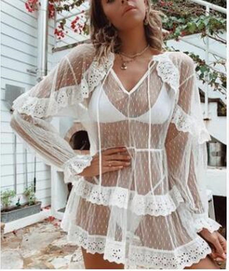 V-neck lace see-through mesh cardigan