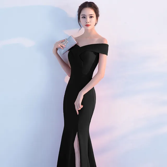 Banquet evening dress word shoulder fishtail dress Black - Shop at LoveMi
