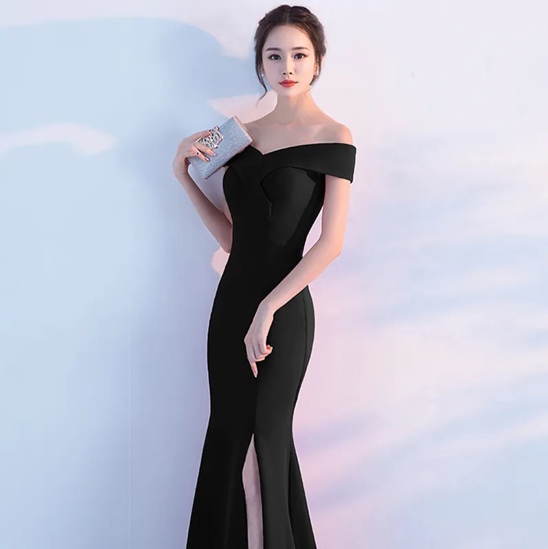 Banquet evening dress word-shoulder fishtail dress - Black