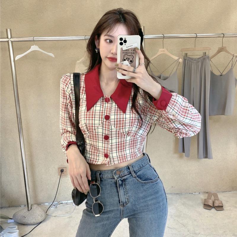 Retro blue plaid long sleeve shirt