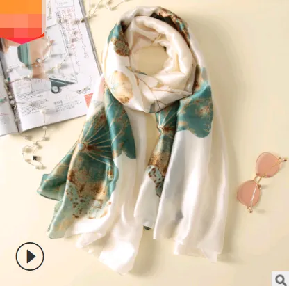 Spring, summer and autumn, new flowers, elegant and high-end artificial silk scarf, female decorative shawl, sunscreen beach towel - Plain Flower-1...