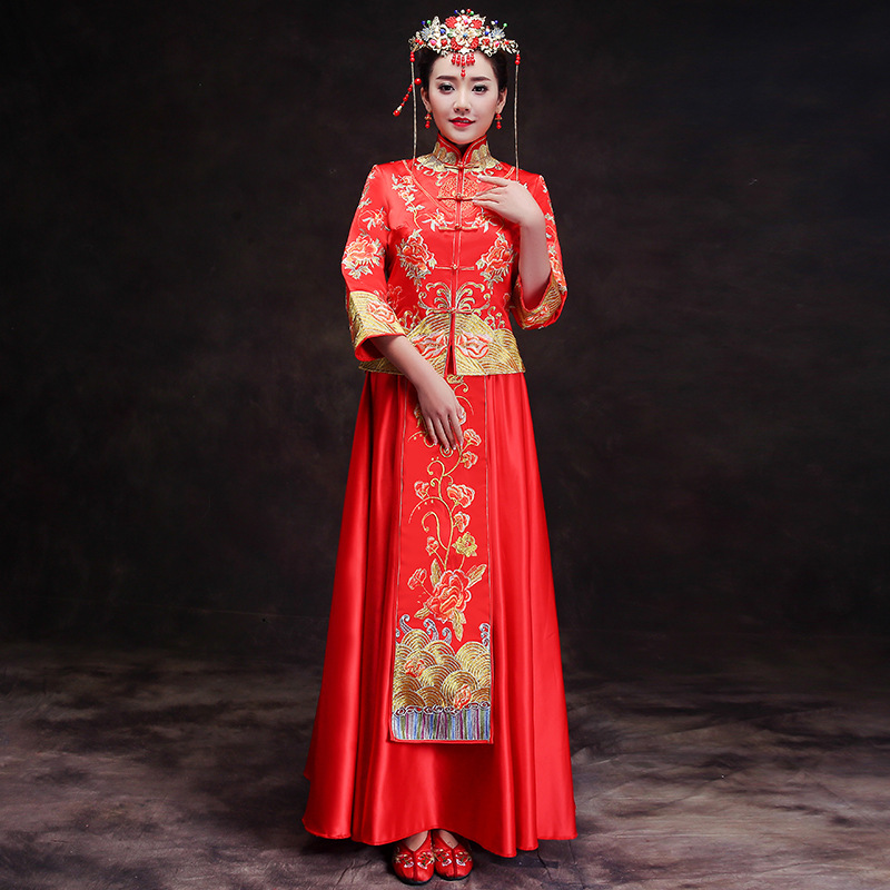 Chinese wedding dress red long cheongsam