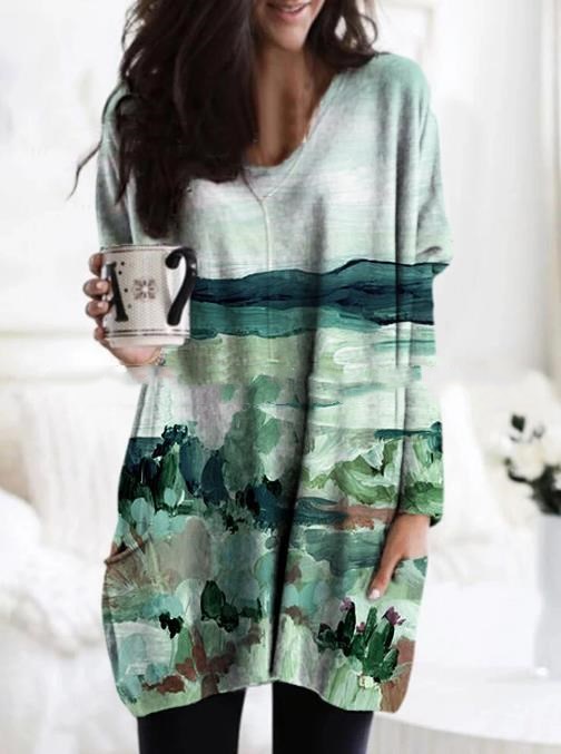 Printed plus size top V-neck loose long sleeves