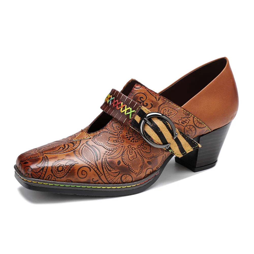 Women's thick heel leather shoes - Khaki