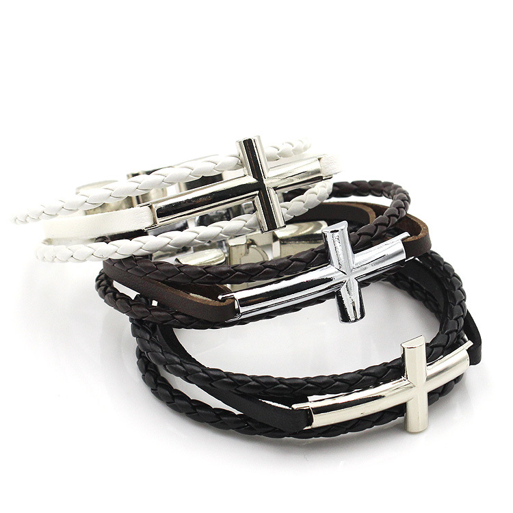 Cross silver buckle leather bracelet