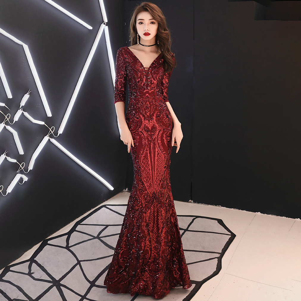 Sexy fishtail dress in sequined evening dress Claret - Shop at LoveMi