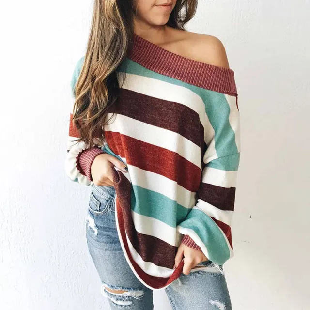 Striped round neck thread stitching women's sweater Brown - Shop at LoveMi