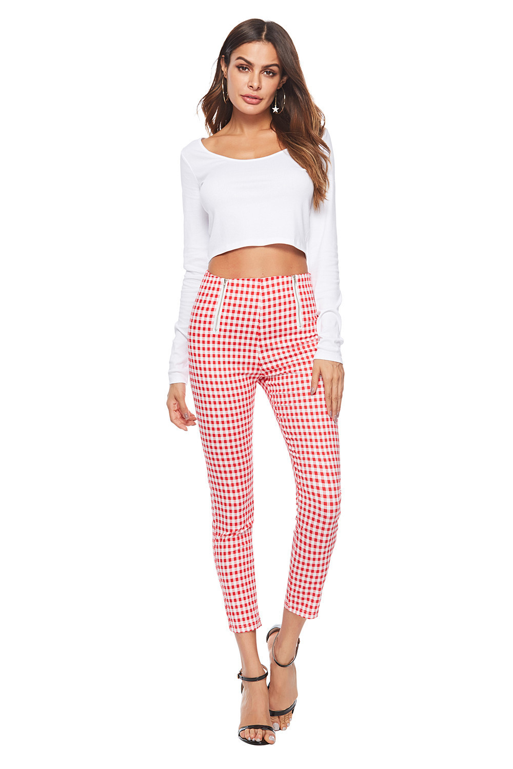 Black and white checked zipper trousers Red And White - Shop at LoveMi